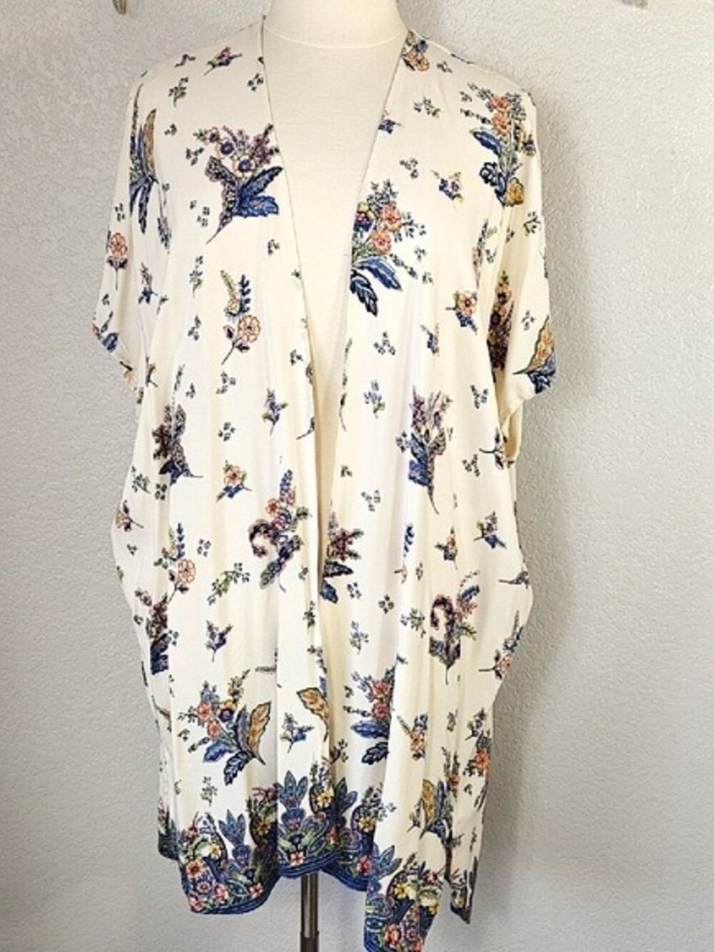 Angie Large Boho Kimono Duster Cover Up Topper Blue Floral